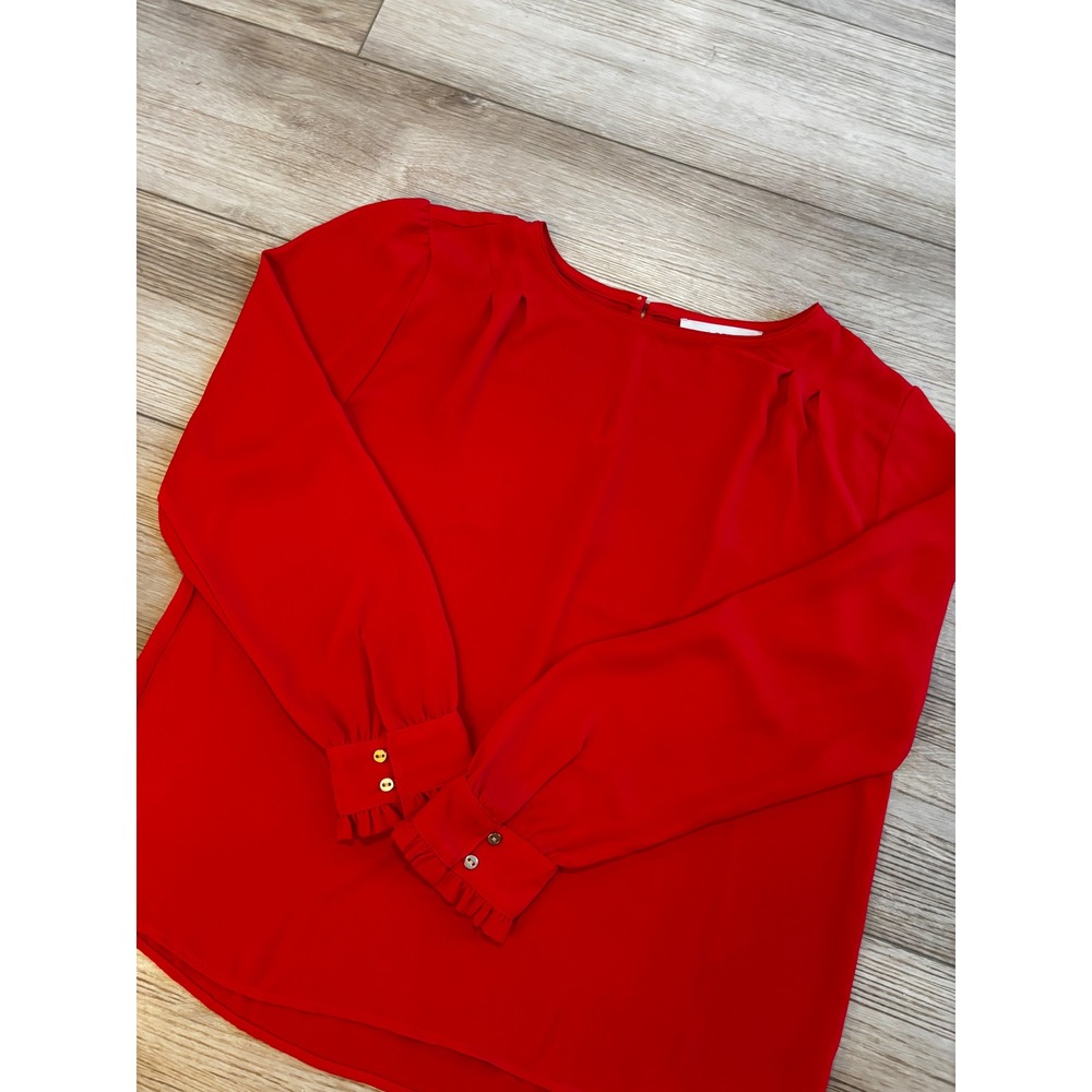 LOFT Red Long Sleeve Pleated Neck Blouse Ruffle Cuff Keyhole Back L Feminine‎